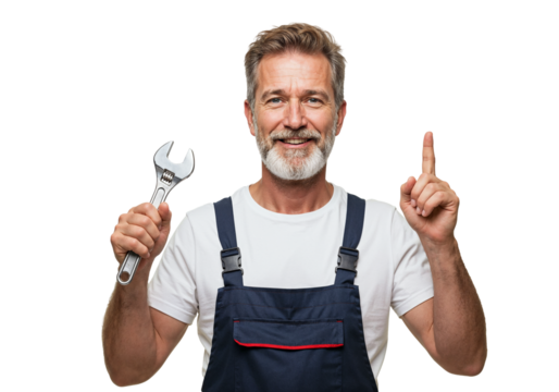 An older male mechanic in overalls smiles and holds a wrench while pointing up - Powered by Adobe