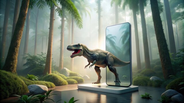 Giant prehistoric reptile emerges from digital portal in lush jungle - Powered by Adobe