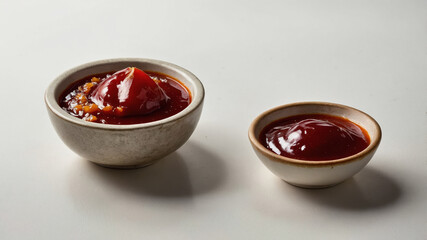 Two ceramic bowls containing delicious tamarillo chutney on white background