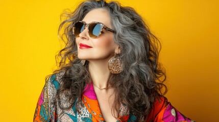 Fototapeta premium Fashion portrait of beautiful stylish happy smiling mature woman looking away on yellow background