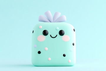 Cute light teal gift box with a happy expression.  A 3D rendering featuring a cheerful, cartoon gift