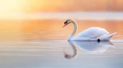 Obraz premium Graceful White Swan on Calm Water at Sunrise