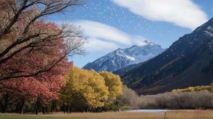 Scenic View of Mountains with Colorful Autumn Trees and Clear Blue Sky Reflecting Serenity in Nature's Beauty