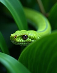 Fototapeta premium A green snake is sitting on a green leaf