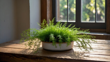 Asparagus Fern overflowing a white ceramic pot sitting on a wooden table near a window