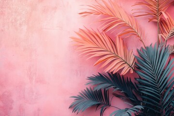 Naklejka premium Vibrant coral wall backdrop with exotic palm fronds creating a tropical paradise aesthetic for design projects