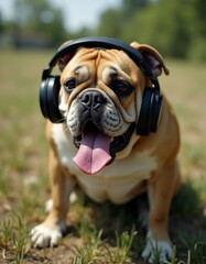 A bulldog wearing headphones sitting in the grass