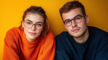 Fototapeta premium Portrait stylish beautiful happy woman and man, modern young couple together on colorful background