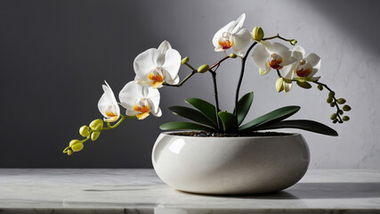 White orchid with orange pistils blooming in a white ceramic pot