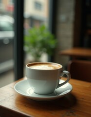 Fototapeta premium A cup of coffee sitting on top of a wooden table