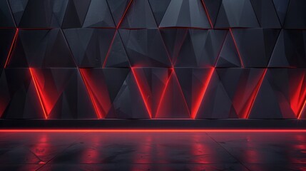 Dark wall red lighting glowing shine structure triangle neon geometric futuristic floor modern creativity abstract features.