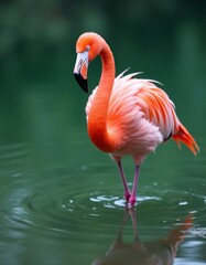 Fototapeta premium A pink flamingo standing in a body of water