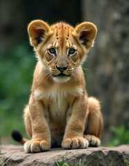 Obraz premium A small lion cub sitting on top of a rock
