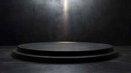 Empty round black podium illuminating by spotlight in dark room