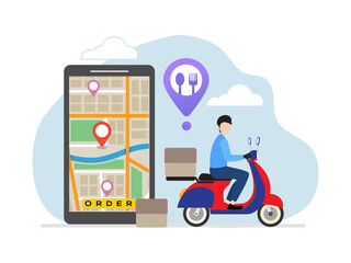 online food delivery illustration courier on scooter courier riding a scooter delivering food speed efficiency