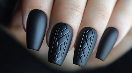 Matte black nails with geometric design.