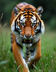 Obraz premium A close up of a tiger walking through the grass
