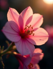 Obraz premium A close up of a pink flower with the sun in the background