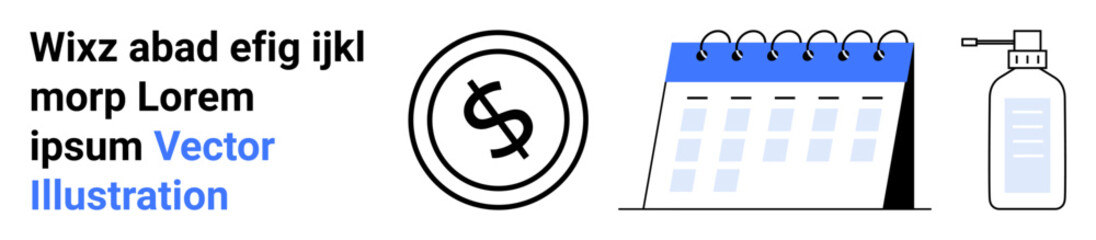 Dollar sign in a circle, desk calendar, hand sanitizer bottle. Ideal for finance, scheduling, productivity, health, planning budgeting and hygiene-related themes. Abstract line flat metaphor