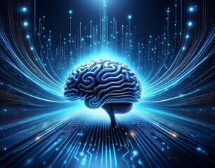 abstract futuristic technology background with brain in the center surrounded with waves of data