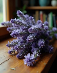 Fototapeta premium A bunch of purple flowers sitting on top of a wooden table