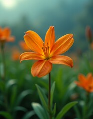 Fototapeta premium A single orange flower in the middle of a field of flowers