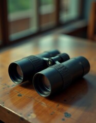 A pair of binoculars sitting on top of a wooden table