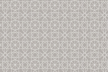 Symmetrical geometric seamless pattern with delicate white lines on a muted gray background. Perfect for wallpapers, textiles, and decorative surfaces.