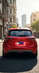 Philippine Pride on Wheels: A Red Car with the National Flag in Urban Setting