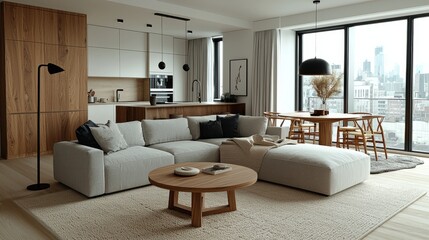 Fototapeta premium Serene and modern living space with open concept kitchen and city view