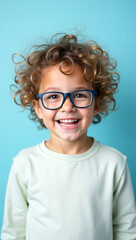 Fototapeta premium Smiling Child with Glasses on Blue Background