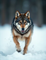 Naklejka premium A wolf running through the snow in the woods