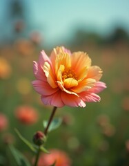 A single orange and yellow flower in a field of flowers