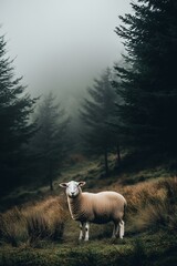 Fototapeta premium A solitary sheep stands amidst a misty forest with tall evergreen trees and lush grass