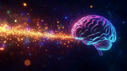 Glowing brain emitting vibrant particles in a cosmic setting