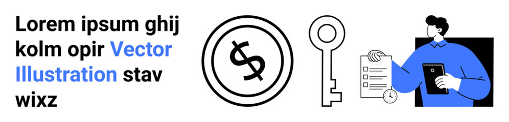 Dollar coin, key, and man reviewing documents on tablet device. Ideal for finance, success, business strategy, security, financial planning, investment and education abstract line flat metaphor