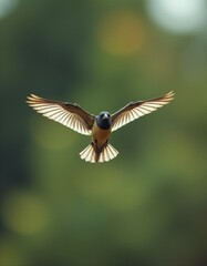 Fototapeta premium A small bird flying through the air with its wings spread