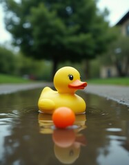 A yellow rubber duck floating in a puddle of water next to an orange ball