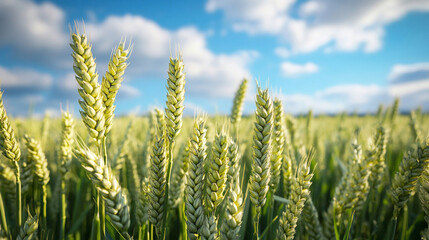 **"Golden Wheat Field: A Close-Up of Ripened Wheat Stalks Against a Bright Blue Sky with Fluffy Clouds, Symbolizing Abundance, Agriculture, and the Beauty of Nature"**