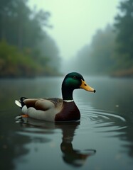 A duck floating on a lake in the fog