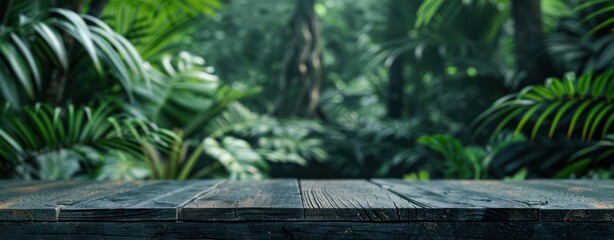 Empty dark wooden stage table with green leaves and plants in forest background banner mockup for product display presentation design perspective.