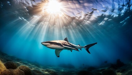 Obraz premium solitary shark swimming in deep ocean sunbeams illuminating its form