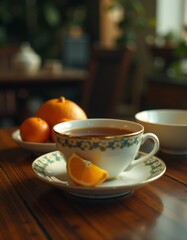 Fototapeta premium A cup of tea sitting on top of a wooden table