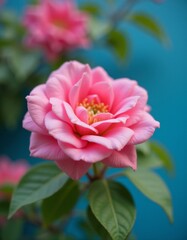 A pink flower with green leaves against a blue background