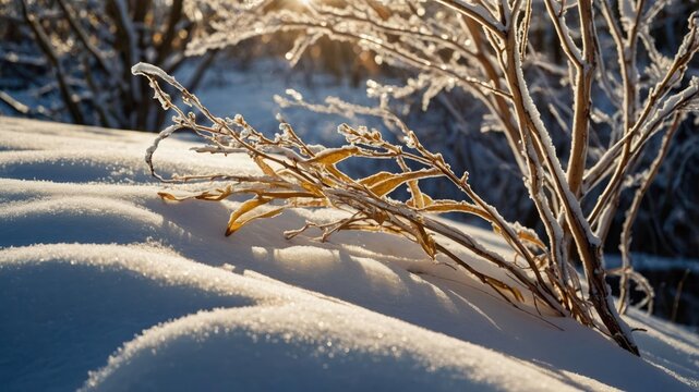 A close-up of frosted branches on snow, capturing winter's beauty and tranquility.