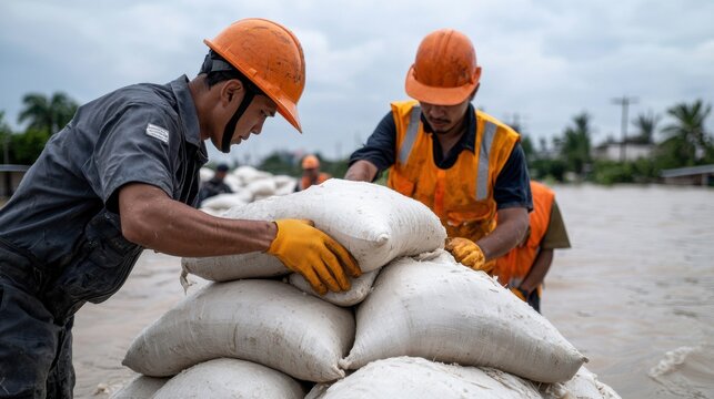 Disaster response team Concept, Volunteers Engaged in Disaster Response Efforts Stacking Sandbags for Flood Protection