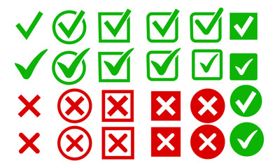 Green Check Red Cross Mark, red Cross Mark, Red cross icon set. Circle and square. tick and cross symbol, green and  red color, vector illustration, round and Sharp