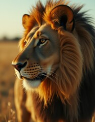 Fototapeta premium A close up of a lion's face in a field