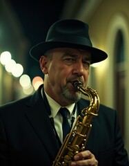 A man in a suit and hat playing a saxophone