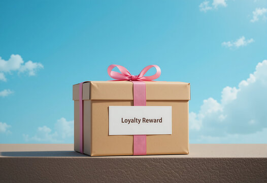 Lovely gift box labeled Loyalty Reward on a flat surface, adorned with a pink ribbon, under a bright blue sky with fluffy clouds, signifying appreciation for loyal customers